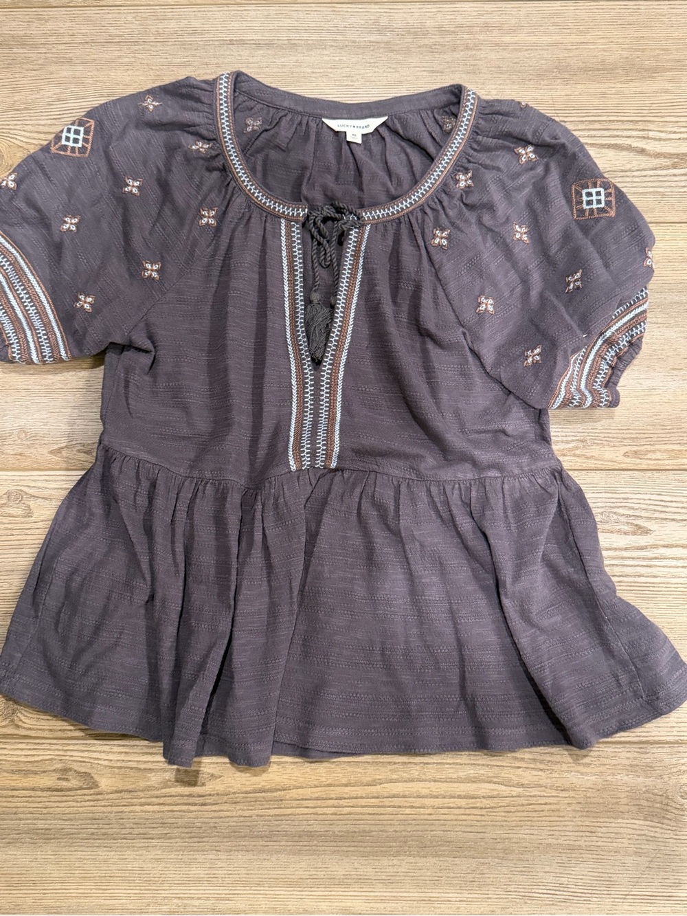Lucky Brand Embroidered Peplum Tunic - Charcoal Gray
